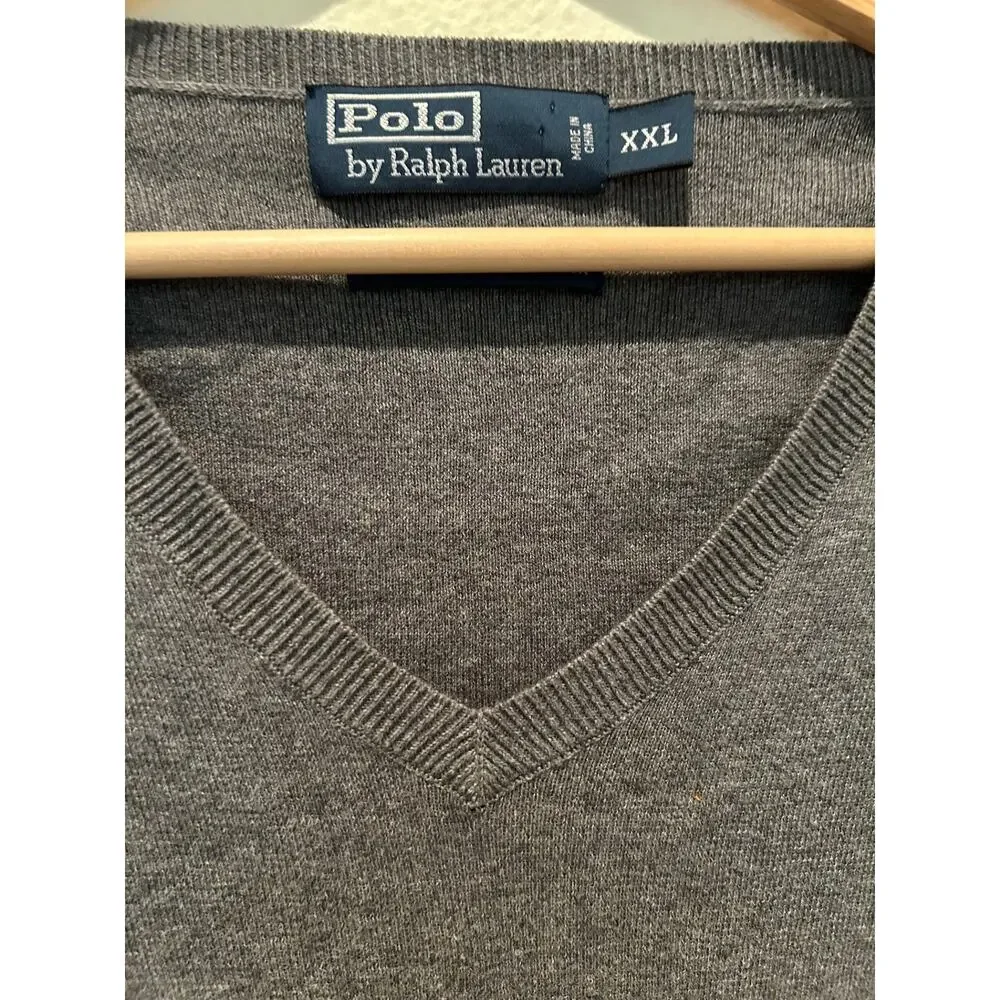 Polo Ralph Lauren Mens Sweater XXL Grey VNeck Pullover Cotton Pony Preppy